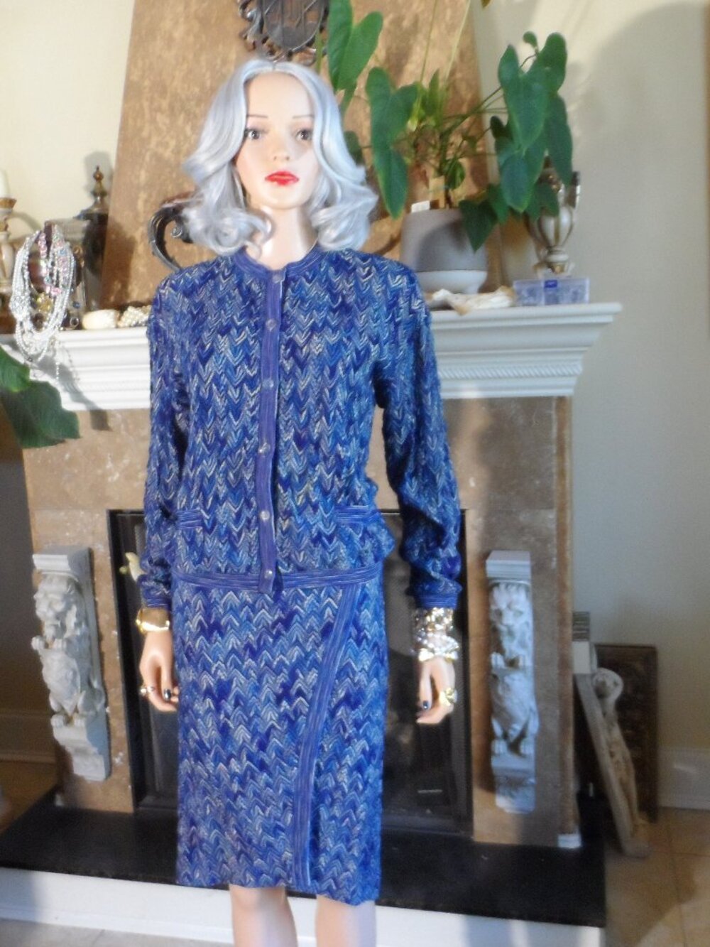 Missoni for Neiman Marcus Blue Zigzag Knit Skirt Suit Size IT 44 & 42 US 8 & 6